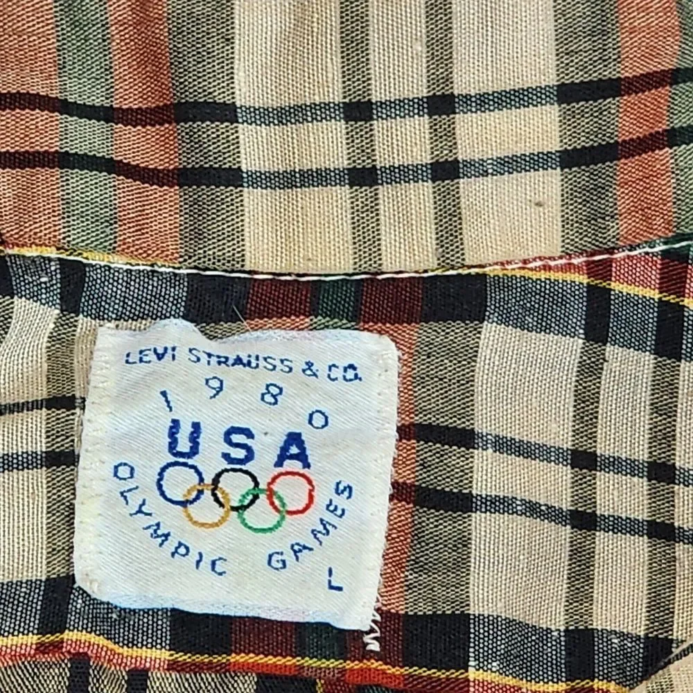 Levis Large Vintage 1980 Olympic Games Red Plaid Button Up Shirt Black Gold Logo